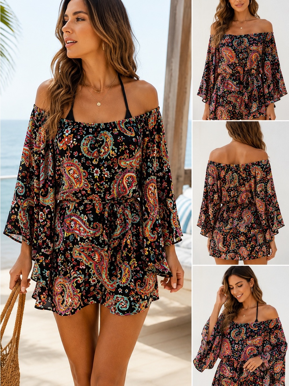 Luli Fama multicolor Paisley Off-the-Shoulder Bell Sleeve Swim Cover-Up Tunic